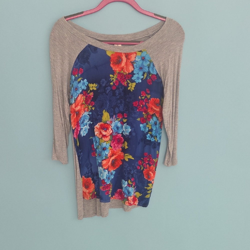 LARA Floral Long Sleeve Top - Blue and Gray